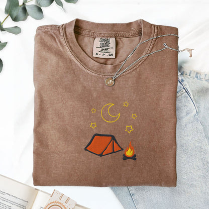 Cozy Embroidered Camping T-Shirt