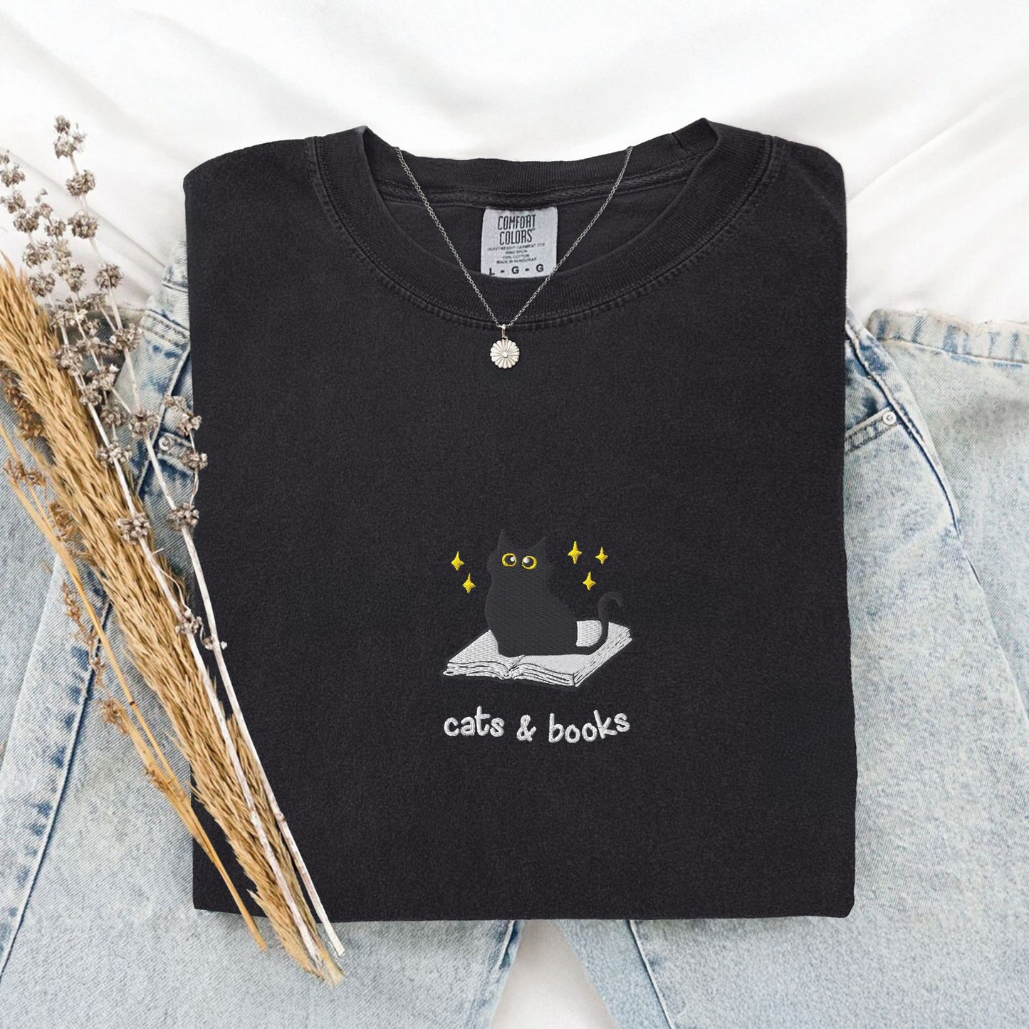 Cats and Books Embroidered Comfort Colors Shirt