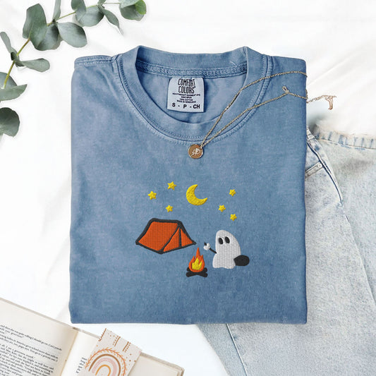 Cute Camping Ghost Embroidered T-Shirt