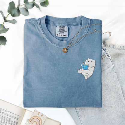 Embroidered Polar Bear Reading a Book Comfort Colors Shirt