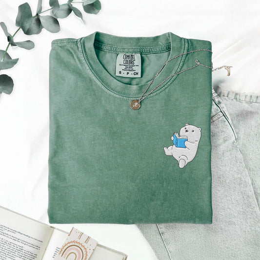 Embroidered Polar Bear Reading a Book Comfort Colors Shirt