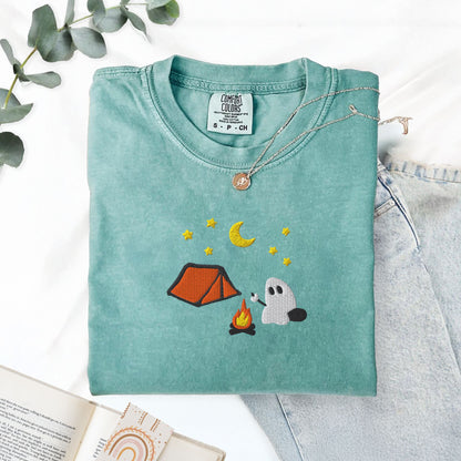 Cute Camping Ghost Embroidered T-Shirt