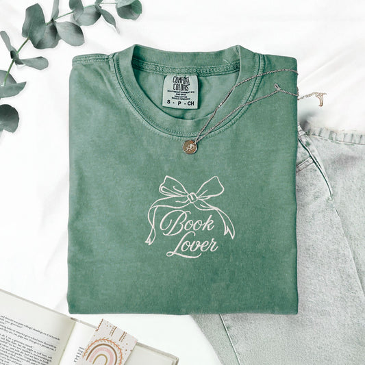 Book Lover Embroidered Coquette Bow T-Shirt