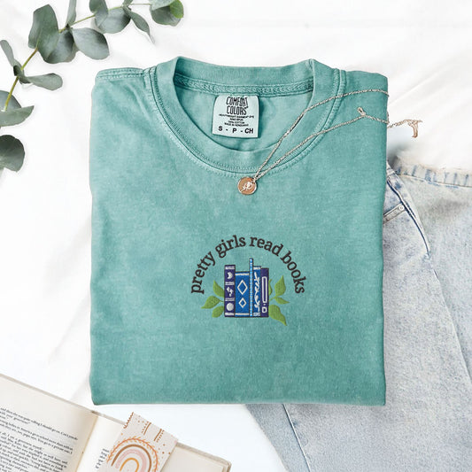 Pretty Girls Read Books Embroidered Comfort Colors Tee, Boho Hippie Books and Plants Cozy Reading Tee, Cute Vintage Gift for Book Lover