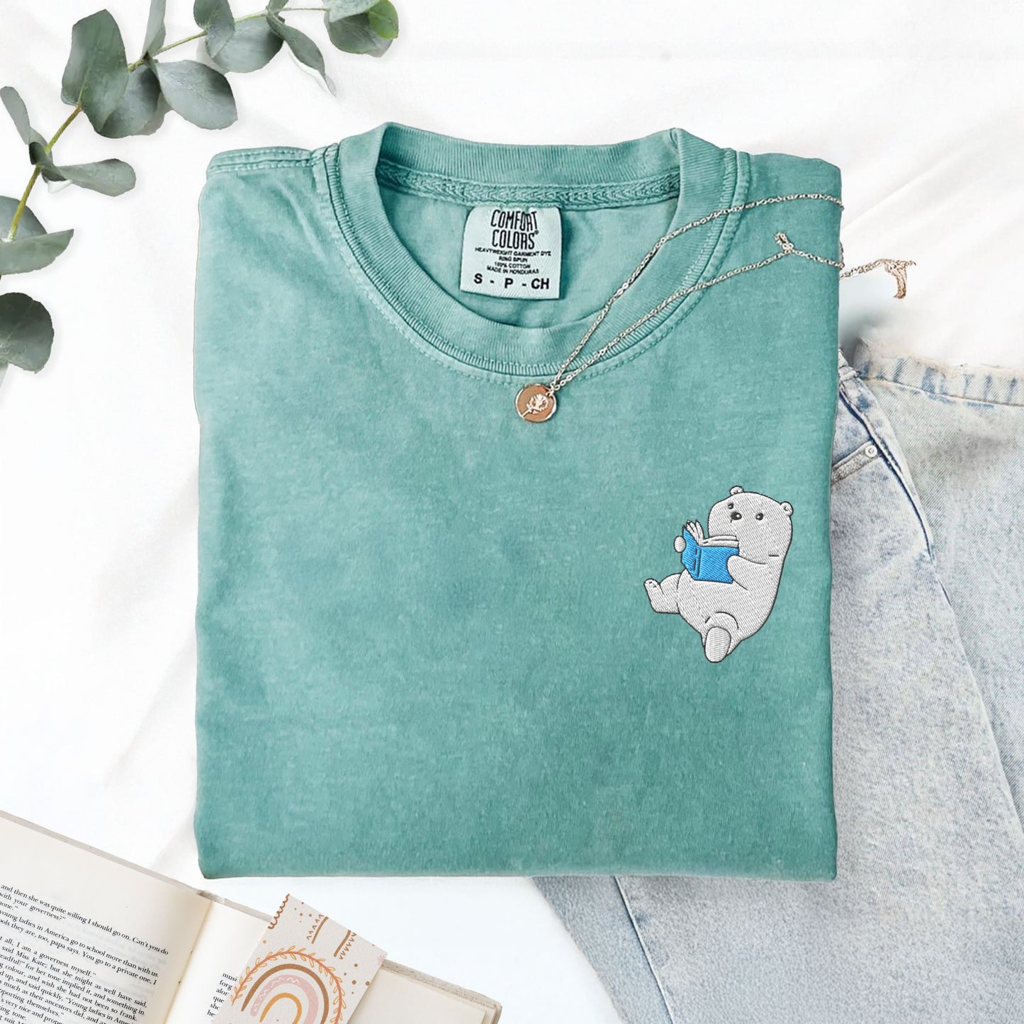Embroidered Polar Bear Reading a Book Comfort Colors Shirt