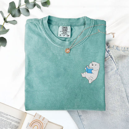 Embroidered Polar Bear Reading a Book Comfort Colors Shirt