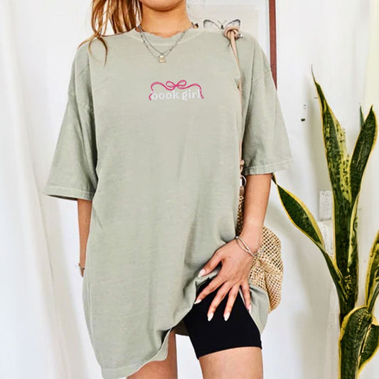 My Store Book Girl Embroidered Coquette Bow Cute Book Tee Book Girl Embroidered Coquette Bow Cute Book Tee