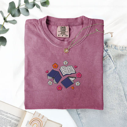My Store Books and Flowers Embroidered Book Lover T-Shirt Books and Flowers Embroidered Book Lover T-Shirt