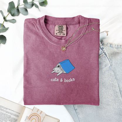 My Store Cats and Books Embroidered Comfort Colors T-Shirt Cats and Books Embroidered Comfort Colors T-Shirt