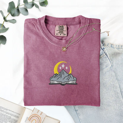 My Store Embroidered open book with mountain and stars, comfort colors embroidered fantasy book tee, ACOTAR merch Fourth Wing Romantasy bookish gift Embroidered open book with mountain and stars, comfort colors embroidered fantasy book tee, ACOTAR merch Fourth Wing Romantasy bookish gift