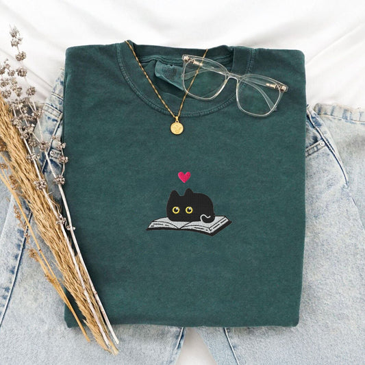 My Store Black Cat and Books Embroidered T-Shirt Black Cat and Books Embroidered T-Shirt