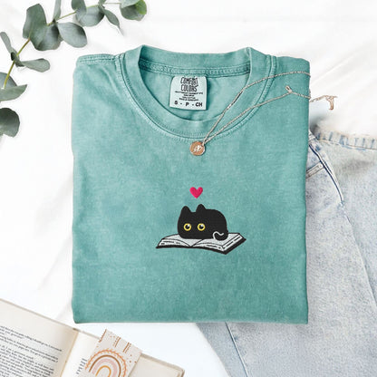 My Store Black Cat and Books Embroidered T-Shirt Black Cat and Books Embroidered T-Shirt