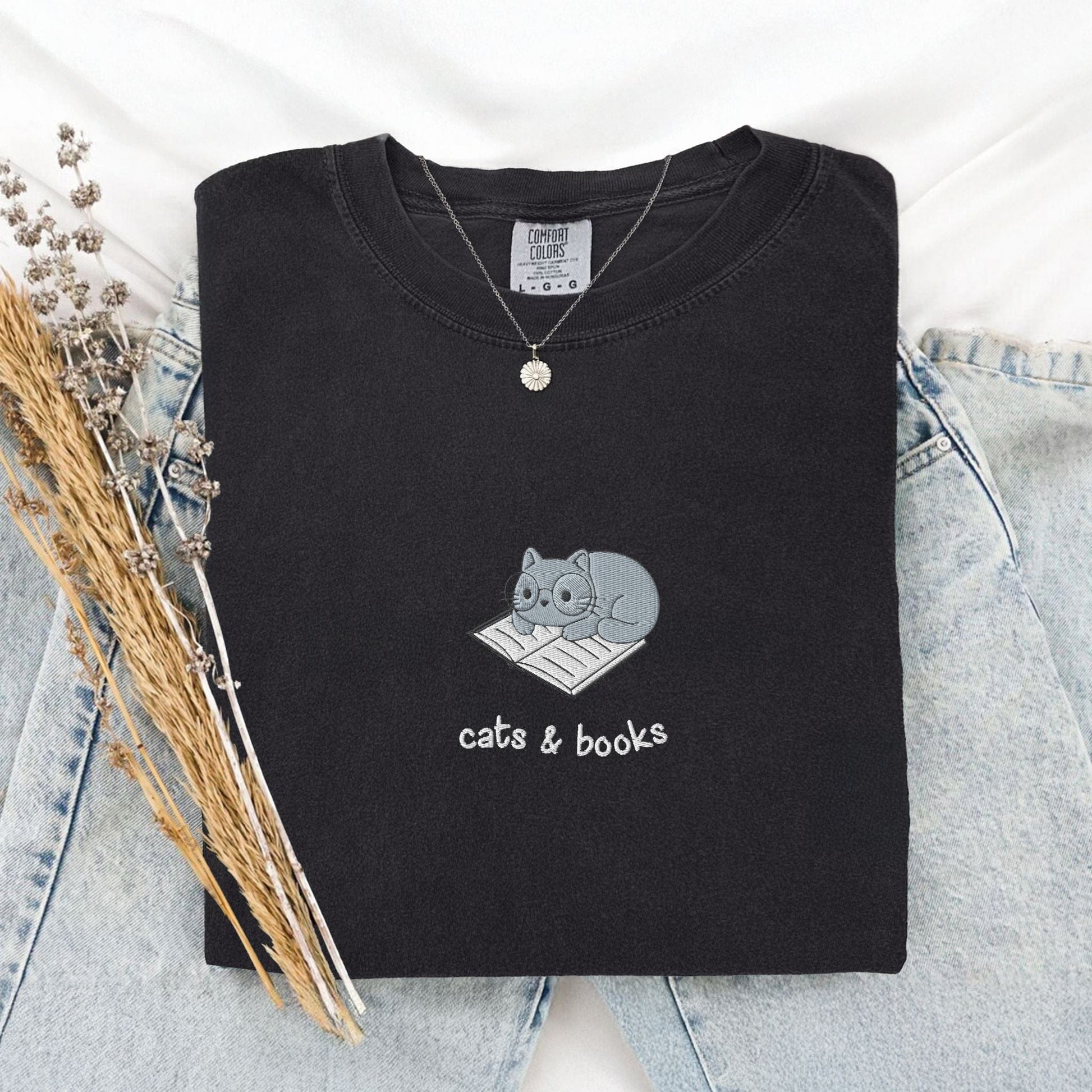 My Store Cats and Books Embroidered Comfort Colors T-Shirt Cats and Books Embroidered Comfort Colors T-Shirt