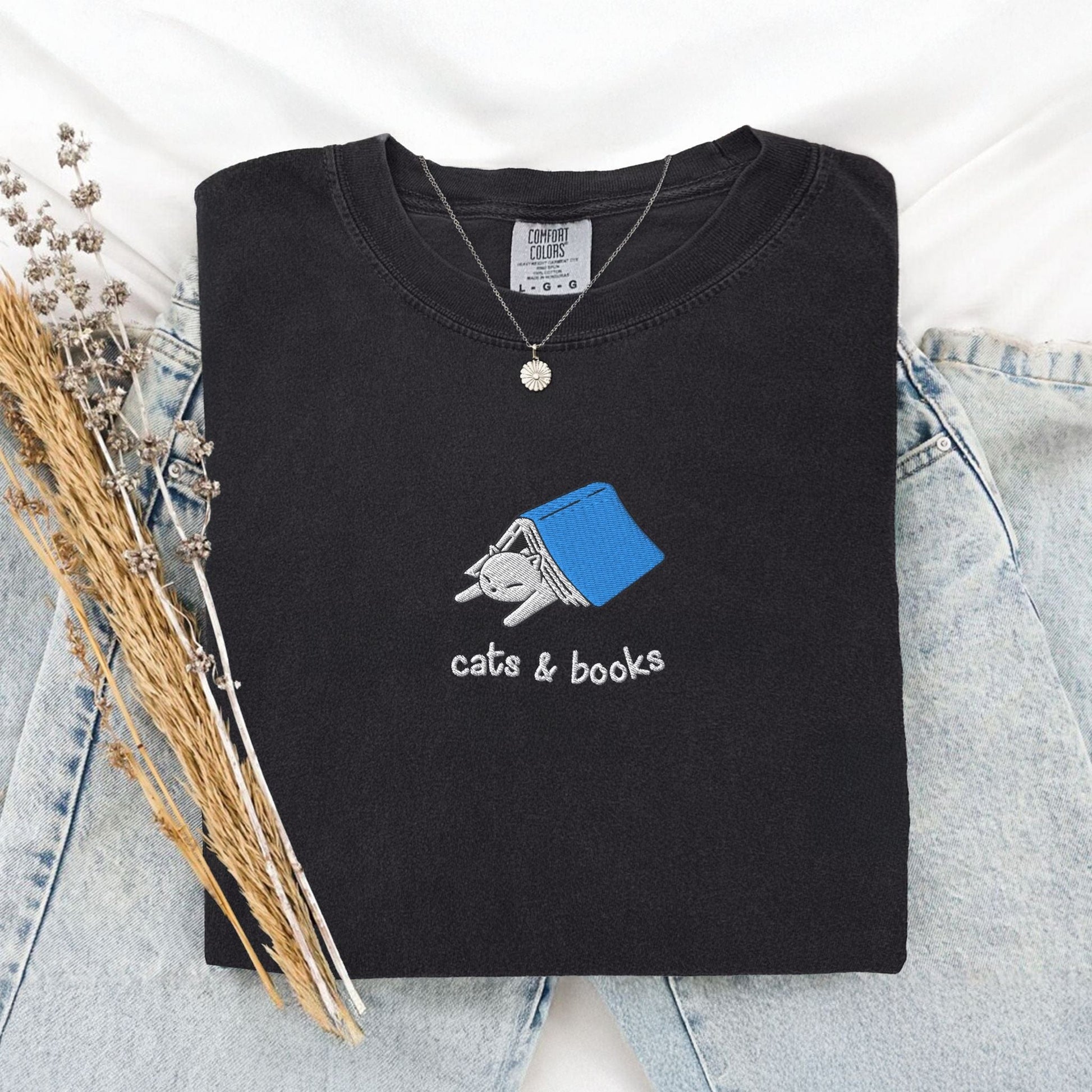 My Store Cats and Books Embroidered Comfort Colors T-Shirt Cats and Books Embroidered Comfort Colors T-Shirt