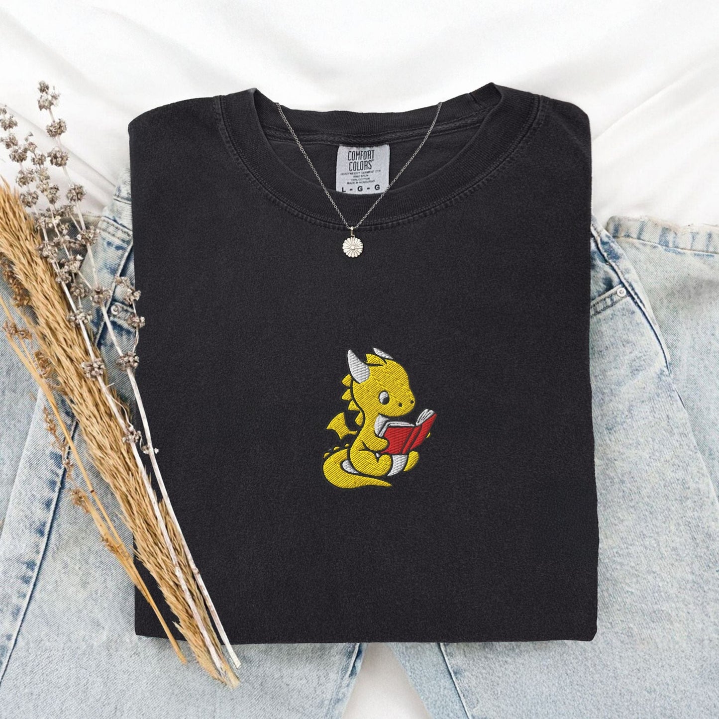 My Store Dragon Reading Embroidered T-Shirt Dragon Reading Embroidered T-Shirt