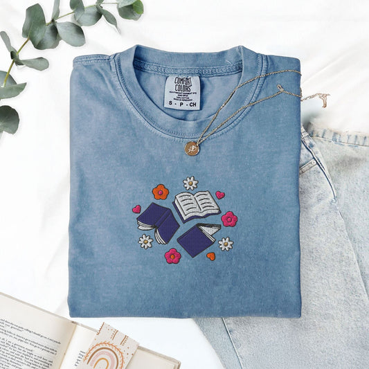 My Store Books and Flowers Embroidered Book Lover T-Shirt Books and Flowers Embroidered Book Lover T-Shirt