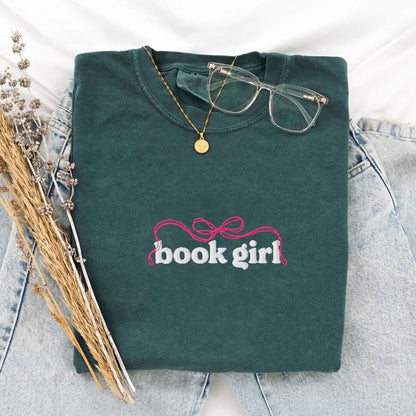 My Store Book Girl Embroidered Coquette Bow Cute Book Tee Book Girl Embroidered Coquette Bow Cute Book Tee