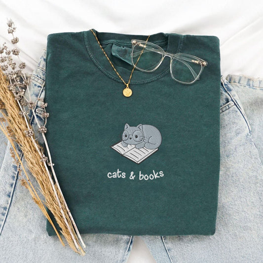 My Store Cats and Books Embroidered Comfort Colors T-Shirt Cats and Books Embroidered Comfort Colors T-Shirt
