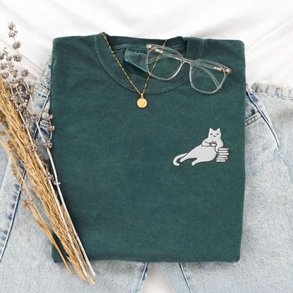My Store Cats, Coffee, and Books Swaggy Embroidered Cat T-Shirt Cats, Coffee, and Books Swaggy Embroidered Cat T-Shirt