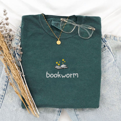 My Store Cute Embroidered Bookworm T-Shirt Cute Embroidered Bookworm T-Shirt