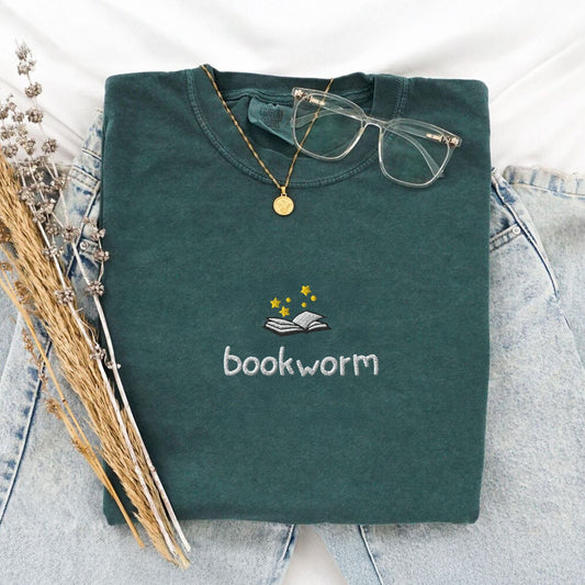 My Store Cute Embroidered Bookworm T-Shirt Cute Embroidered Bookworm T-Shirt