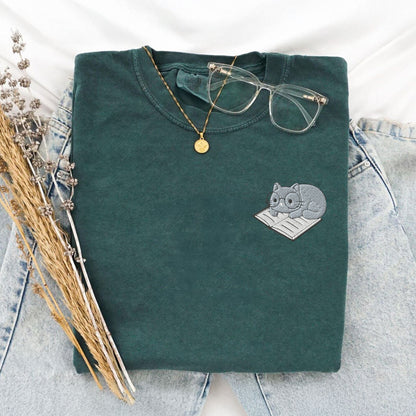 My Store Cute Embroidered Cat on a Book T-Shirt Cute Embroidered Cat on a Book T-Shirt