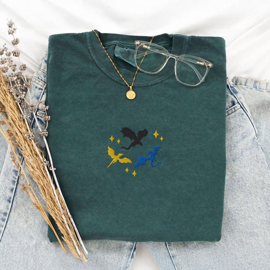 My Store Embroidered Dragons Flying Bookish Fantasy T-Shirt Embroidered Dragons Flying Bookish Fantasy T-Shirt