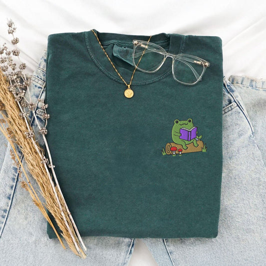 My Store Frog Reading On A Log Cute Embroidered Frog T-Shirt Frog Reading On A Log Cute Embroidered Frog T-Shirt