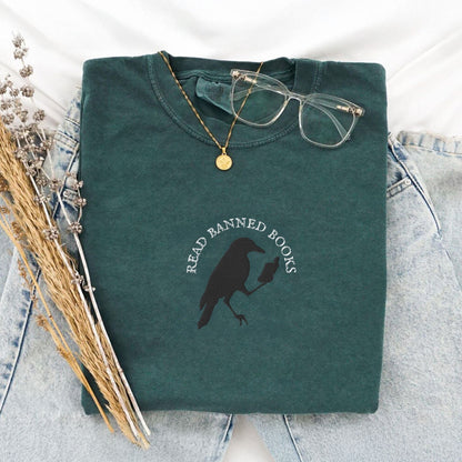 My Store Read Banned Books Edgar Allen Crow Embroidered T-Shirt Read Banned Books Edgar Allen Crow Embroidered T-Shirt