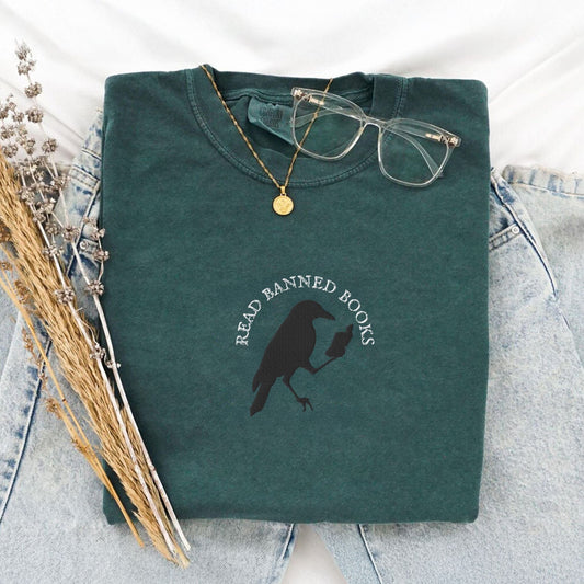 My Store Read Banned Books Edgar Allen Crow Embroidered T-Shirt Read Banned Books Edgar Allen Crow Embroidered T-Shirt