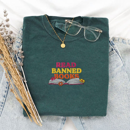 My Store Read Banned Books Rainbow Flowers Embroidered T-Shirt Read Banned Books Rainbow Flowers Embroidered T-Shirt