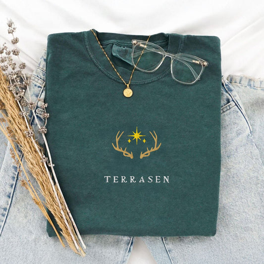 My Store Terrasen Elyria Embroidered Comfort Colors Shirt, SJM Throne of Glass Merch Terrasen Elyria Embroidered Comfort Colors Shirt, SJM Throne of Glass Merch