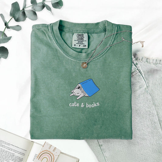My Store Cats and Books Embroidered Comfort Colors T-Shirt Cats and Books Embroidered Comfort Colors T-Shirt