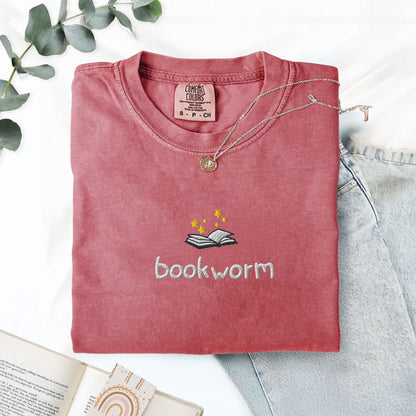My Store Cute Embroidered Bookworm T-Shirt Cute Embroidered Bookworm T-Shirt