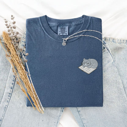 My Store Cute Embroidered Cat on a Book T-Shirt Cute Embroidered Cat on a Book T-Shirt