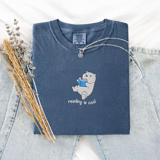 My Store Reading Is Cool Cute Embroidered Polar Bear Book T-Shirt Reading Is Cool Cute Embroidered Polar Bear Book T-Shirt