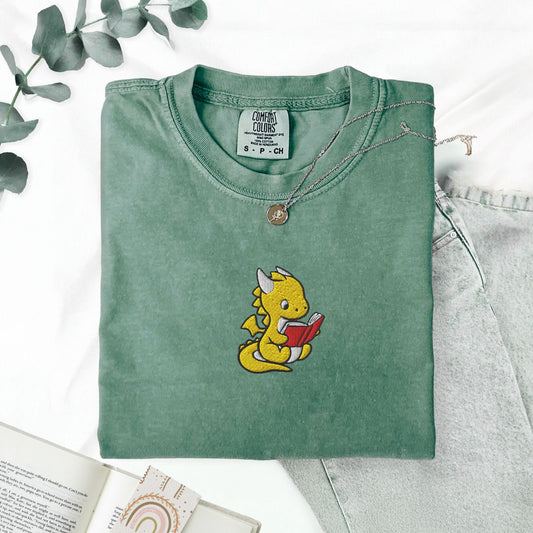 My Store Dragon Reading Embroidered T-Shirt Dragon Reading Embroidered T-Shirt
