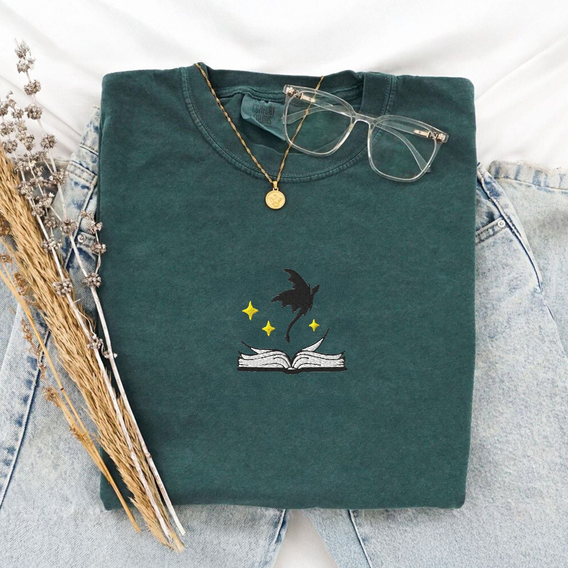 My Store Embroidered Dragon Flying Fantasy Book T-Shirt Embroidered Dragon Flying Fantasy Book T-Shirt