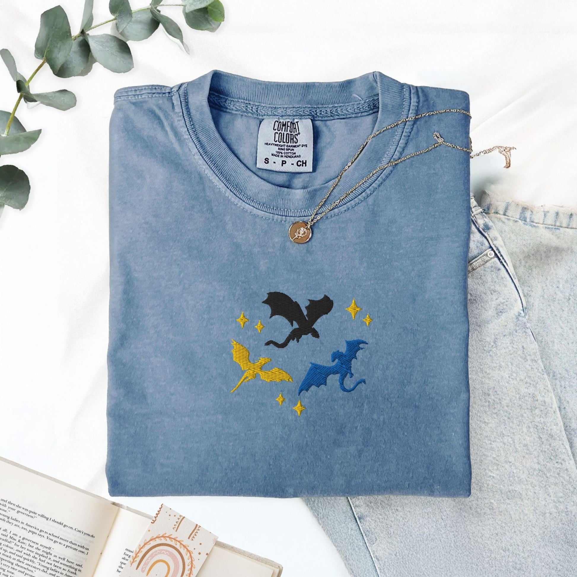 My Store Embroidered Dragons Flying Bookish Fantasy T-Shirt Embroidered Dragons Flying Bookish Fantasy T-Shirt
