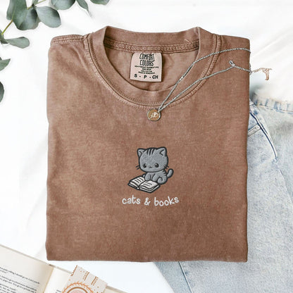 My Store Cats and Books Cute Embroidered T-Shirt Cats and Books Cute Embroidered T-Shirt