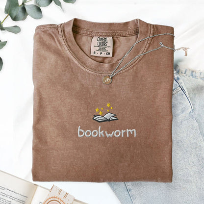 My Store Cute Embroidered Bookworm T-Shirt Cute Embroidered Bookworm T-Shirt
