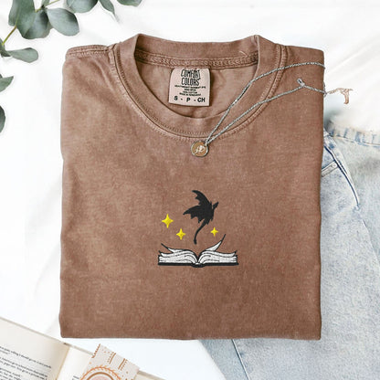 My Store Embroidered Dragon Flying Fantasy Book T-Shirt Embroidered Dragon Flying Fantasy Book T-Shirt