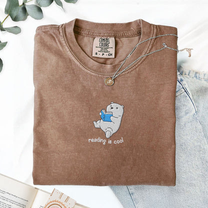 My Store Reading Is Cool Cute Embroidered Polar Bear Book T-Shirt Reading Is Cool Cute Embroidered Polar Bear Book T-Shirt
