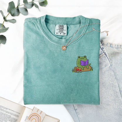 My Store Frog Reading On A Log Cute Embroidered Frog T-Shirt Frog Reading On A Log Cute Embroidered Frog T-Shirt