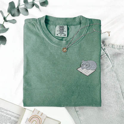 My Store Cute Embroidered Cat on a Book T-Shirt Cute Embroidered Cat on a Book T-Shirt