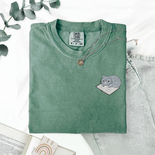 My Store Cute Embroidered Cat on a Book T-Shirt Cute Embroidered Cat on a Book T-Shirt