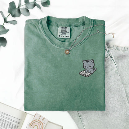 My Store Cute Embroidered Cat Reading a Book Comfort Colors T-Shirt Cute Embroidered Cat Reading a Book Comfort Colors T-Shirt