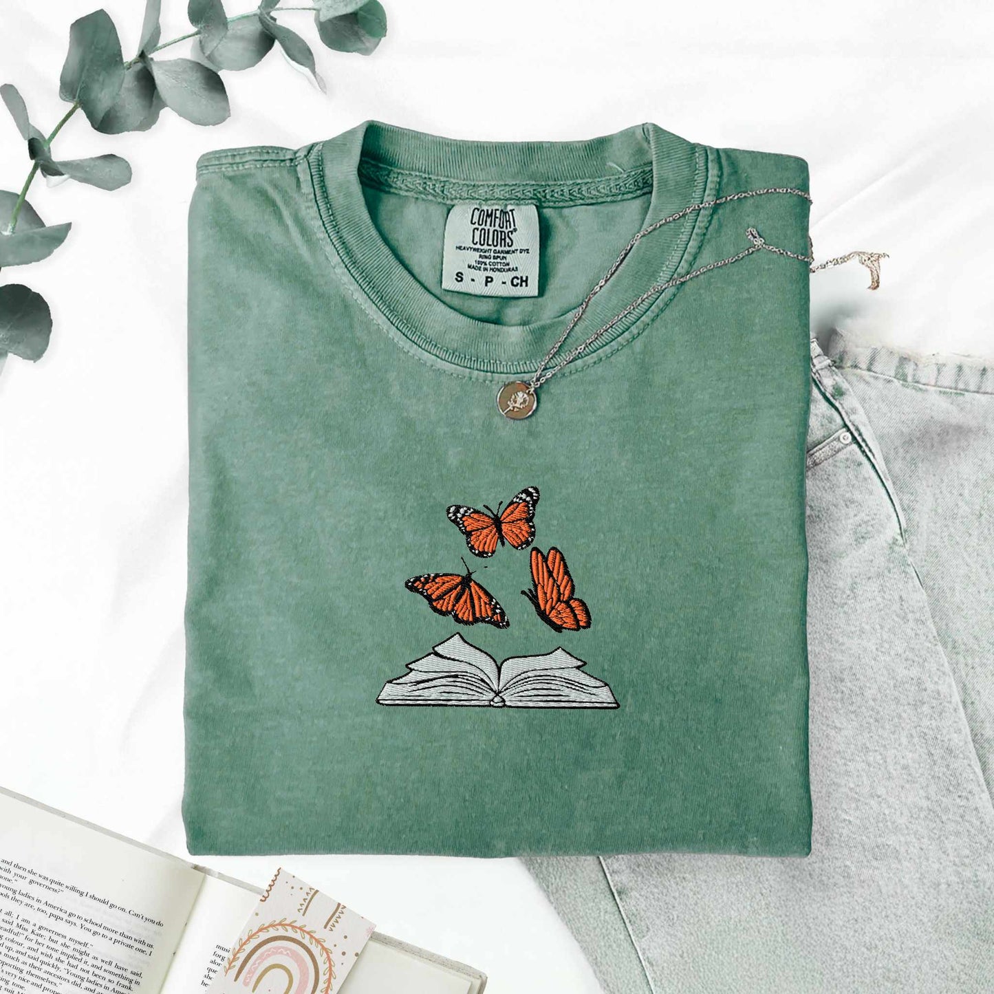 My Store Embroidered Butterflies and Books Comfort Colors TShirt Embroidered Butterflies and Books Comfort Colors TShirt