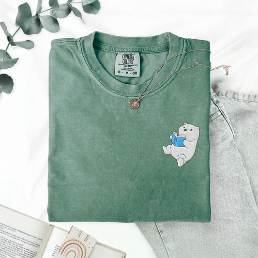 My Store Embroidered Polar Bear Reading a Book Comfort Colors Shirt Embroidered Polar Bear Reading a Book Comfort Colors Shirt