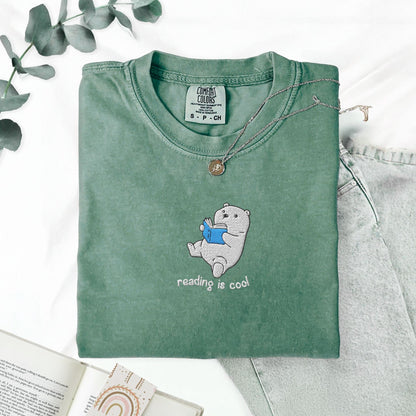 My Store Reading Is Cool Cute Embroidered Polar Bear Book T-Shirt Reading Is Cool Cute Embroidered Polar Bear Book T-Shirt